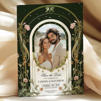 Elegante Floral Art Nouveau Save the Date Foto Kaart