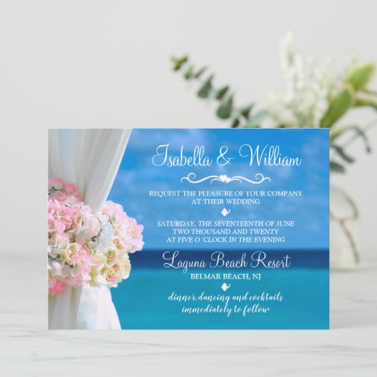 Elegante Floral Beach Zomer bruiloft uitnodiging (Staand voorkant)