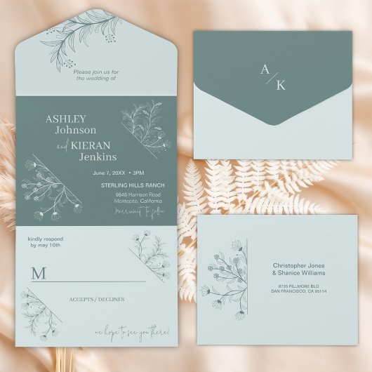 Elegante Floral Blauwgroen bruiloft All In One Uitnodiging