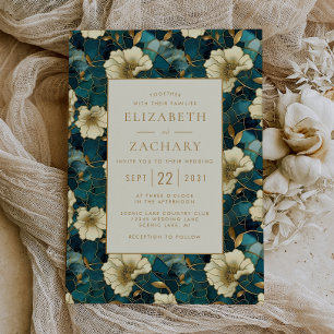 Elegante Floral Blauwgroen Cream Gold bruiloft Kaart
