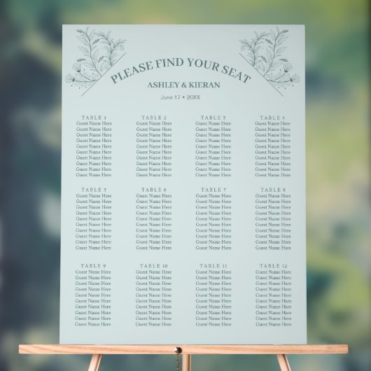 Elegante Floral Blauwgroen Zitting Chart Acryl Bord (Neutraal)