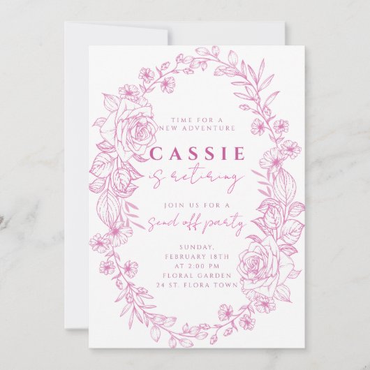 Elegante floral blush roze pensioen uitnodiging (Voorkant)
