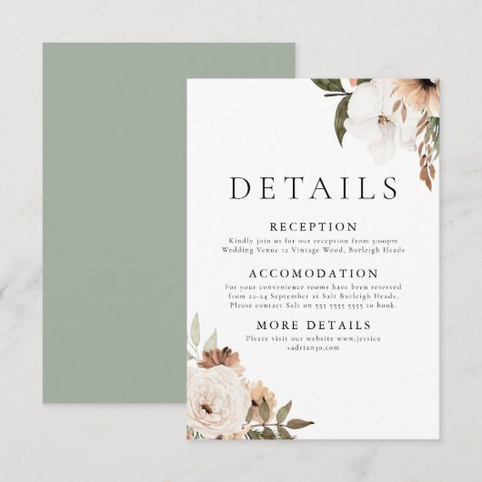 Elegante Floral Boho bruiloft details Informatiekaartje (Voorkant / Achterkant)