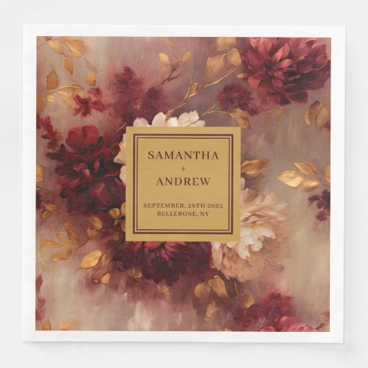 Elegante Floral Bourgondië Blush Gold bruiloft ser Servet (Voorkant)