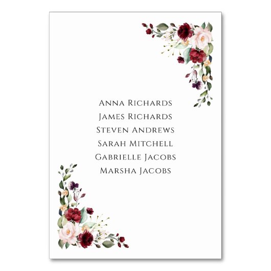Elegante Floral Bourgondië bruiloft receptie zitpl Kaart (Achterkant)