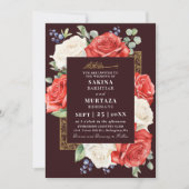 Elegante Floral Bourgondië Moslim bruiloft QR-code Kaart (Voorkant)