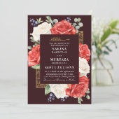 Elegante Floral Bourgondië Moslim bruiloft QR-code Kaart (Staand voorkant)