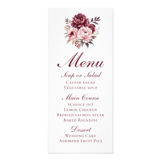 Elegante Floral Bourgondische pioen bruiloft menu (Voorkant)