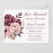 Elegante Floral Bourgondische pioen net getrouwd b Aankondigingskaart (Voorkant)