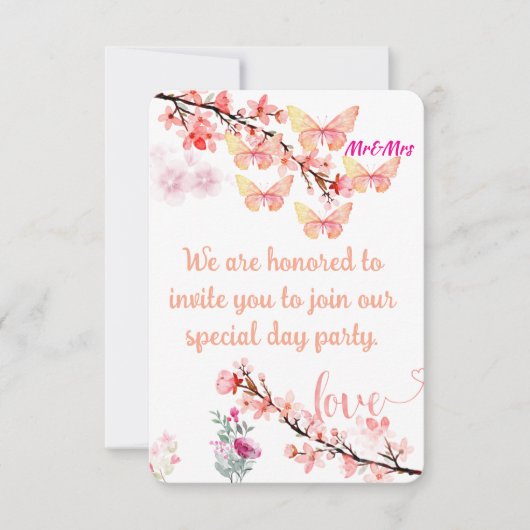 Elegante Floral & Butterfly Wedding Invitation Kaa Kaart (Voorkant)