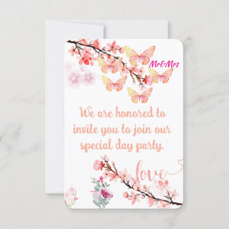 Elegante Floral & Butterfly Wedding Invitation Kaa Kaart