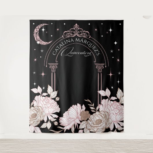 Elegante Floral Celestial Moon Stars Quinceañera Wandkleed (Voorkant)
