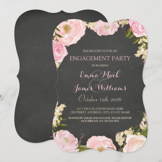 Elegante Floral Chalkboard Engagement Party Uitnod Kaart (Voorkant / Achterkant)