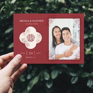 Elegante Floral Chinese bruiloft foto Save the Dat Date