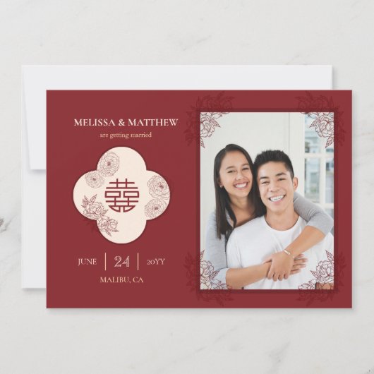 Elegante Floral Chinese bruiloft foto Save the Dat Date (Voorkant)