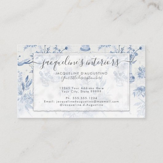 Elegante Floral Chinoiserie Blauw Wit Waterverf Visitekaartje (Achterkant)
