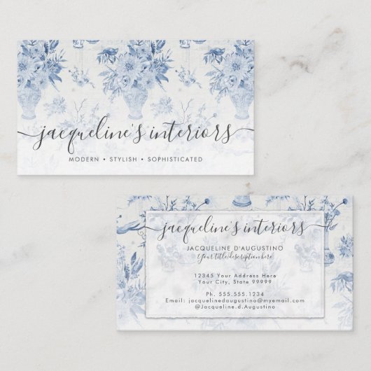 Elegante Floral Chinoiserie Blauw Wit Waterverf Visitekaartje (Voorkant / Achterkant)