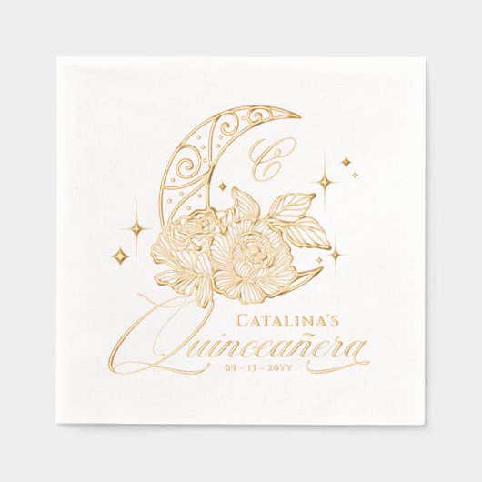 Elegante Floral Crescent Moon Monogram Quinceanera Folie Servetten (Voorkant)