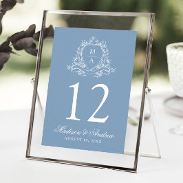 Elegante Floral Crest Blauwe Trouwtafel Nummer Kaart