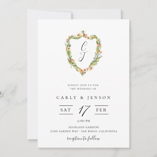 Elegante Floral Crest bruiloft uitnodiging (Voorkant)