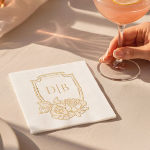 Elegante Floral Crest Couples Monogram Trouwdatum Folie Servetten