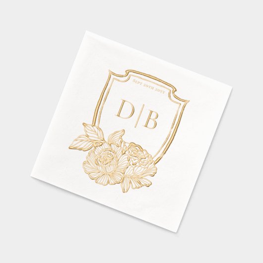 Elegante Floral Crest Couples Monogram Trouwdatum Folie Servetten (Links)