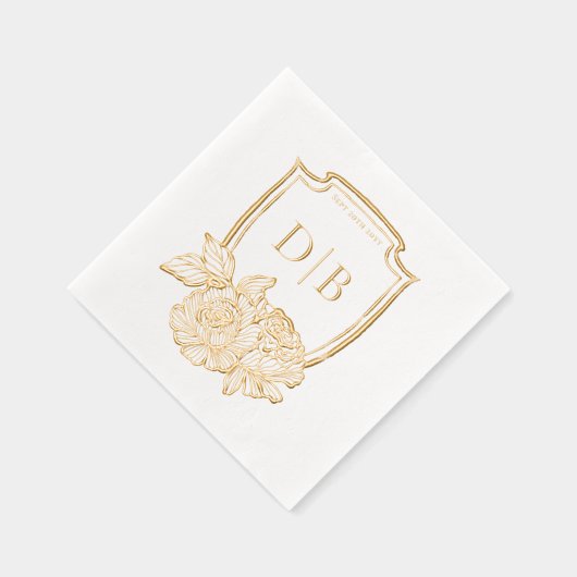 Elegante Floral Crest Couples Monogram Trouwdatum Folie Servetten (Rechts)
