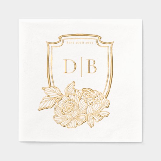 Elegante Floral Crest Couples Monogram Trouwdatum Folie Servetten (Voorkant)
