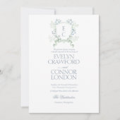 Elegante Floral Crest Dusty Blue Script Wedding Kaart (Voorkant)