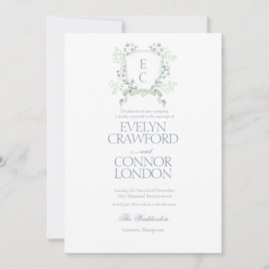 Elegante Floral Crest Dusty Blue Script Wedding Kaart (Voorkant)