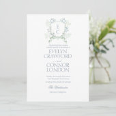 Elegante Floral Crest Dusty Blue Script Wedding Kaart (Staand voorkant)