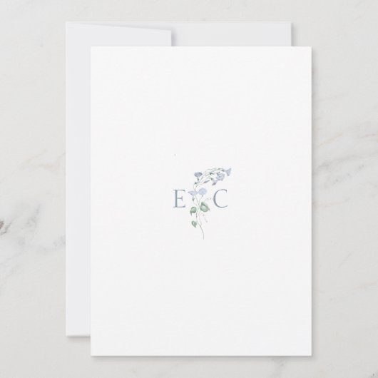 Elegante Floral Crest Dusty Blue Script Wedding Kaart (Achterkant)