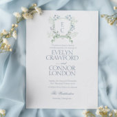 Elegante Floral Crest Dusty Blue Script Wedding Kaart