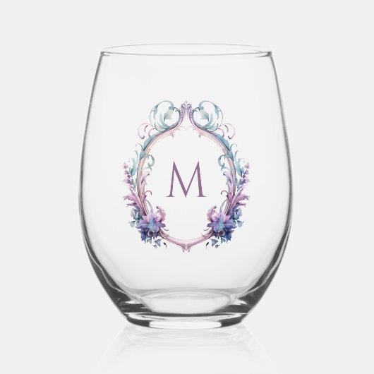 Elegante Floral Crest met uw Monogram Initiaal Wijnglas Zonder Voet (Voorkant)