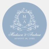 Elegante Floral Crest Monogram Blauw Huwelijk Ronde Sticker (Voorkant)