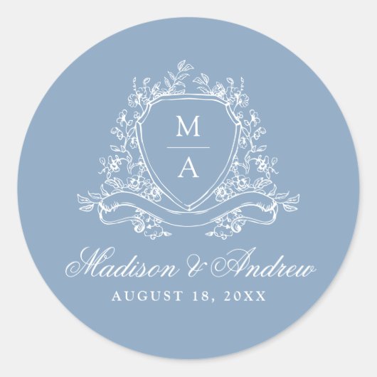 Elegante Floral Crest Monogram Blauw Huwelijk Ronde Sticker (Voorkant)