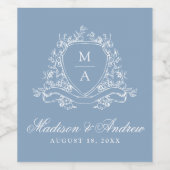 Elegante Floral Crest Monogram Blauw Huwelijk Wijn Etiket (Enkel label)