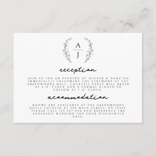 Elegante Floral Crest Monogram Bruiloft Details Informatiekaartje (Voorkant)