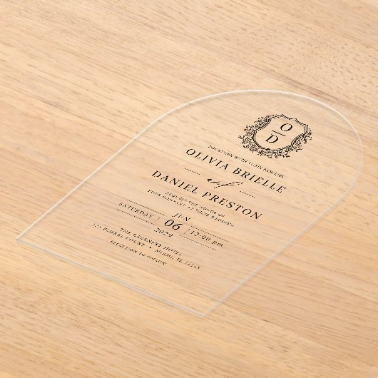 Elegante Floral Crest Monogram Huwelijk Elegant Acryl Uitnodigingen (Laagn)