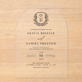 Elegante Floral Crest Monogram Huwelijk Elegant Acryl Uitnodigingen (Voorkant)