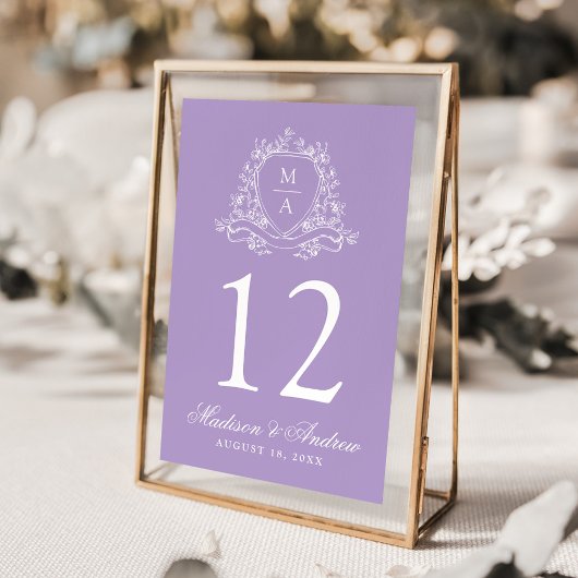 Elegante Floral Crest Monogram Lavendel Wedding Kaart