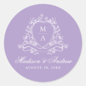 Elegante Floral Crest Monogram Lavendel Wedding Ronde Sticker (Voorkant)