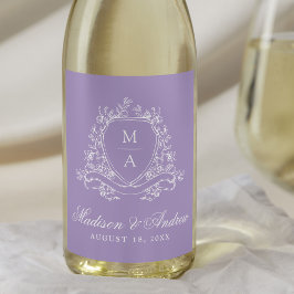 Elegante Floral Crest Monogram Lavendel Wedding Wijn Etiket