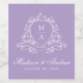 Elegante Floral Crest Monogram Lavendel Wedding Wijn Etiket (Enkel label)