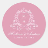 Elegante Floral Crest Monogram Roze Huwelijk Ronde Sticker (Voorkant)