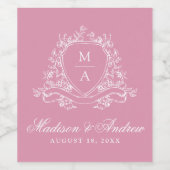Elegante Floral Crest Monogram Roze Huwelijk Wijn Etiket (Enkel label)