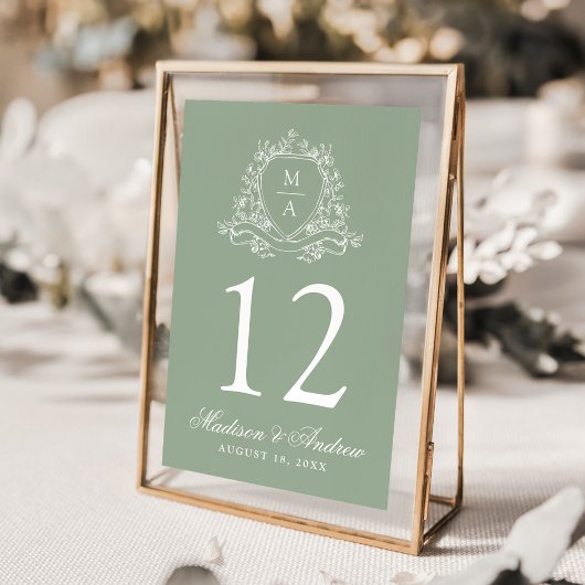 Elegante Floral Crest Monogram Sage Green Wedding Kaart