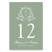 Elegante Floral Crest Monogram Sage Green Wedding Kaart (Voorkant)
