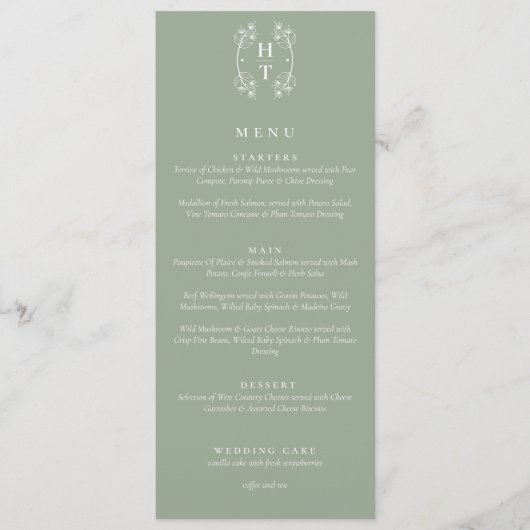 Elegante Floral Crest Monogram Sage Green Wedding Menu (Voorkant)