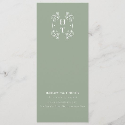 Elegante Floral Crest Monogram Sage Green Wedding Menu (Achterkant)